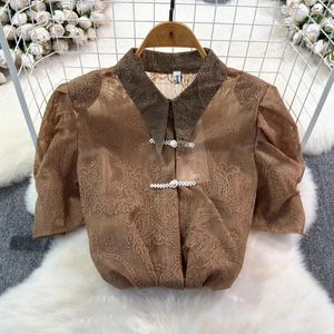 Women's Blouses Chinese Chic Embroidery Stand Collar For Women Frog Blouse Female Loose Fit All-match Blusas 2024 Summer Drop