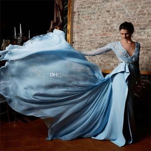 Sky hellblaue Perlen Zuhair Murad Kleid Design Spitzen Applikationen Chiffon Überrücke Abendkleider Langarme Prom Partykleider Es