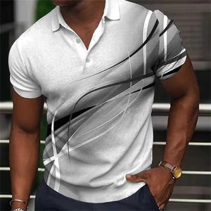Men's Polos Fashion Mens Polo Shirt Gradient Line Summer Short Slve Tops Business Casual Clothing Lapel Button Striped Polo Shirt For Man T240505