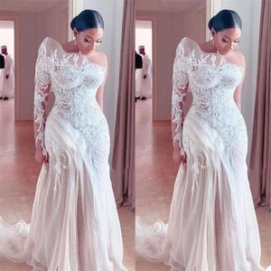 Mermaid Bridal Gown Designer Wedding Lace Dresses Appliqued Custom Made Plus Size One Shoulder Long Sleeves Tulle Sweep Train Vestido De Novia