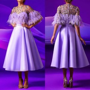 A-Line Sequins Elegant Jewel Beads Dresses Prom Feathers Short Sleeves Satin Tea-Length Zipper Custom Made Plus Size Party Dress Vestido De Noite