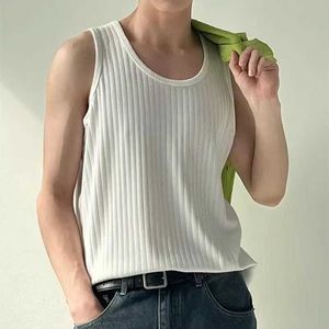 Camisetas masculinas verão novo homem colete casual o pescoço tanques de tanques sleveless listrados listrados respiráveis finos esportes de bodybuilding de coletes soltos h240506