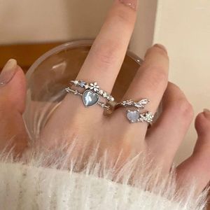 Cluster Rings Kadrufi Girls Ocean Blue Moonlight Stone Heart Flower For Women Fashion Luxury Y2K Öppning Finger Ring Party Jewelry Gift