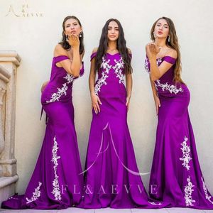Mermaid Dresses With Bridesmaid Purple Lace Applique Satin Sweep Train Corset Back Ruched Custom Made Plus Size Maid Of Honor Gowns Vestidos