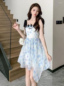 Casual Dresses Summer 2024 Blue Printed Floral Sweet Mini Dress Women Short Party Female Korean Style Fashion Irregular Slip