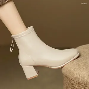 Stiefel Frauen 2024 Basisschuhe für Frauen elegante Knöchel nähen quadratische Zeh Rücken Reißverschluss klobige Ferse Frau