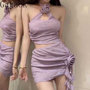 Work Dresses Gagaok Two Piece Set Women 2024 Summer Solid Beach Style Sexy Fashion Streetwear Suits Halter Camis Mini Bodycon Skirts