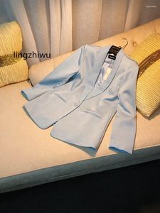 여자 정장 Lingzhiwu Acetate Blazer 프랑스 영국 최고 스프링 블루 코트 새틴 한국 캐주얼 우아한 ol outerwear influencer 도착