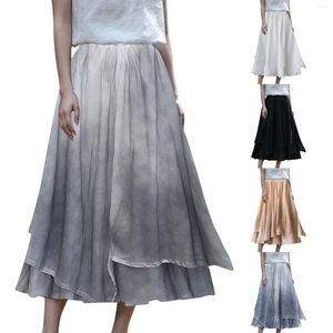 Skirts Jean Mini Skirt Women'S Irregular High Waisted Linen Midi Elastic Waist Design Dizzy Dye Half Pleaded Womens