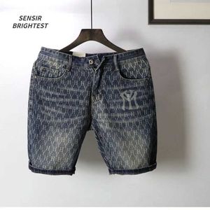 Mäns jeans europeiska och amerikanska modemärke denim shorts mens fem poäng shorts non fading tryckt denim shortsl2405