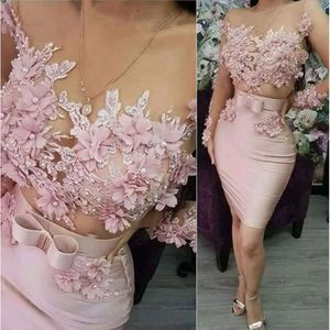 Pink Sleeves Prom Long 2021 Dresses Mermaid Beaded Pearls Handmade Flowers Lace Applique Short Evening Party Gowns Vestido De Noche