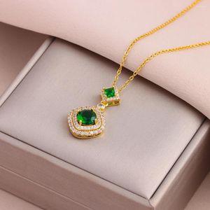 Hänge halsband vintage lyxgrön zirkon kristall fyrkantig rostfritt stål för kvinnor trendiga retro kvinnliga nackkedja smycken