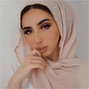 Ethnische Kleidung Qualität Perlen Chiffon Long Schal Muslimin Frauenschal Kopftuch Schimmer Perlen Stirnband weich bequeme Wickel Hijab