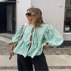 Women's Blouses Shirts Womens striped printed bow fashionable long sleeved lace O-neck hollow womens shirt 2024 spring/summer casual womens clothingL2405