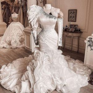 Long Mermaid Dresses One Shoulder Sleeves Beaded Ruffles Sweep Train Plus Size Wedding Bridal Gown Vestido De Novia