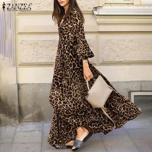 Zanzea Women Spring Puff Sleeve Maxi Long Sundress Fashion Sexig Leopard Printed Party Dress V Neck High Midist Holiday Vestidos 7 240424