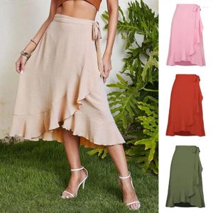 Röcke Frauen Sommerrock hohe Taille Rüschen schnüren Bogenknoten unregelmäßige Kleidungsstücke Patchwork Midi Midi weibliche Kleidung