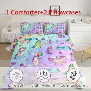 Duvet Cover Unicorn Doppelgröße, farbenfrohe Glitzer 3 PCs Girls, Down Alternative Bettwäsche -Set mit 1 Bettdecke und 2 Kissenschams für die gesamte Saison