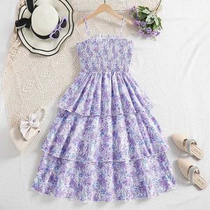 Girl's Dresses Kids Casual Cami Dress for Girls Clothes Summer 2024 New Children Fashion Ditsy Floral Print Purple Princess Layered Dress 7-14Y