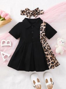 Vestidos de 03 anos de idade meninas recém -nascidas verão de manga curta de lapela preta estampa de leopardo