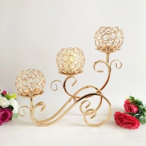 Ljus 1pc 3 Arms Golden Crystal Candle Holder Votive Candle Holder Candelabra, vintage ljusstake för bordets mittpunkt