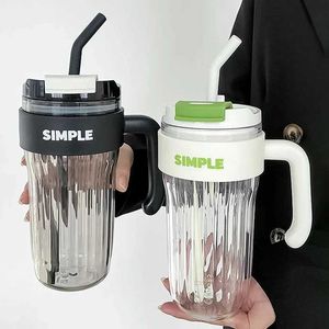 Tumblers 920ml Striped Plastic Water Bottle With Straw Coffee Mug Lid For Travel Milk Tea Cup Handle Cups BPA Free H240506