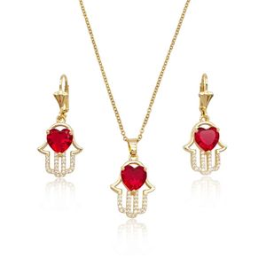 Ready to Ship wholesale Simple Copper mutli color zircon fatima hand necklace earring sets gold fashion jewelry sets for women