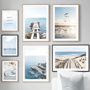 Rs Sea Beach Seagull Kale Yelken Tekne Tırnaklar Duvar Sanat Tuval Resim Nordic Poster ve Baskı Duvar Resimleri Oturma Odası Dekor J240505