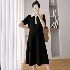 High end and elegant maternity with contrasting POLO lapel, black loose fit, oversized small summer dress