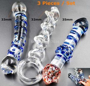 W1031 3 части Pyrex Glass Dildos Crystal Fake Penis Dicks для взрослых анальные продукты Женские мужские мастурбационные секс -игрушки, установленные для женщин Men5194242