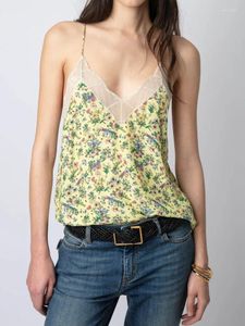 Frauen Tanks Frauen florale gedruckte Schlinge Spitzenverkleidung gelbe Viskose ärmellose V-Ausschnitt 2024 Frühlings Sommer Frauen Camisole