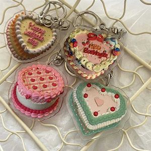 Keychains Lanyards Vintage Heart Acrylic Birthday Cake Keychain Cute Sweet Dessert Pendant Keyrings Backpack Ornaments Phone Charm USB Accessories