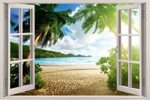 Adesivi Spedizione gratuita Finestra 3D Adesivi per finestre 3D Seaside Palm Wall Decal Arte Rimovibile carta da parati Murale Adebito in vinile