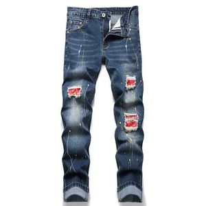 Men's Jeans Casual Brand Fashion Mens Jeans Stretch Kn Hole Patch Long Pants Personality Point Paint Jeans For Men Blue Color Trousers Y240507