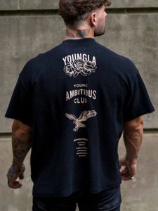 Fitness a maniche corta di Youngla Fitness Collaro stampato Oldschool Danneggiato Pullo Pure Cotton Cotton Ragged Edge T-shirt a maniche corte