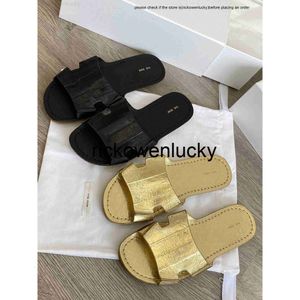the row The * Row Shoes 2023 Summer Open Toe Black Gold Eel Skin Beach Flat Bottom Slippers for Female Outwear