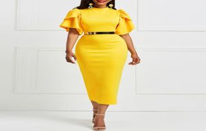 Women Office Dress Ladies Yellow Dress Working Girl Ruffle Zipper Plus Size Evening Summer SummerCon Midi Dresses Sheath Slim1538937