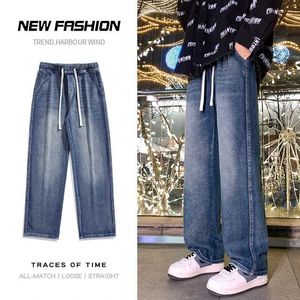 Mäns jeans vår ny man elastisk midja baggy jeans mode denim breda ben byxor ins solid färg rakben strtwear överdimensionerade y240507