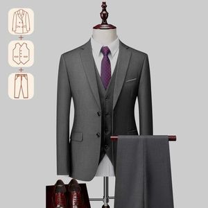 Men's Suits Blazers Mens three piece suit (jacket vest pants) Business casual formal work clothes grooms wedding dress solid color promotional set Q240507