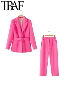 Women's Two Piece Pants 2024 Spring Office Women Rose Red With Belt Blazer Suits Long Sleeve Jacket Female Full Length Sets Y2K