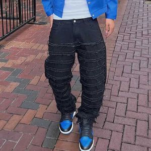 Mäns jeans män strt hiphop snygga rippade lapp skarvade lösa jeans byxor god kvalitet manlig solid rak casual denimbyxor y240507