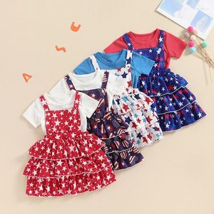 Clothing Sets FOCUSNORM 1-6Y Summer Kids Girls Lovely Clothes 2pcs Solid Short Sleeve T-Shirts Stars Suspender Dress Independence Days