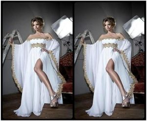 Arabic Style Long Sleeves Gold Lace and White Appliques Chiffon Abaya Kaftan Evening Prom Dresses With High Split Slit Party Dress6545873