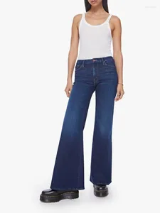 Kvinnors jeans bomull 2024 Spring Mid midja mode damer solid färg långa denim blossade byxor