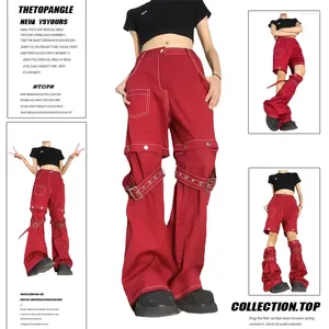 Women's Jeans American Red Work 90S Spicy Girl Y2K Design Feel Detachable Loose Relaxed Wide Leg Long Pants