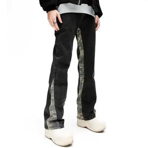 s 2023 Cool Design Camouflage Patchwork Straight Men Jeans Pants Y2K Clothes Hip Hop Washed Black Casual Long Trousers Ropa Hombre J240507