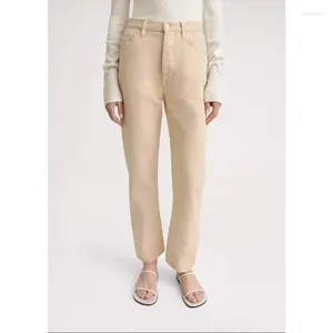 Calça feminina jeans 2024 Lavado de algodão bege de algodão média de torção