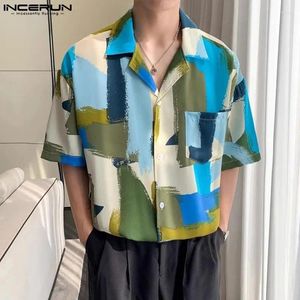 Camicie casual maschile in incerun top 2024 maschile in stile coreano da uomo a contrasto quadrato stampato di moda divertente camicetta a maniche corte