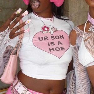 Women's T-Shirt Women Summer Slim Crop Tops Ur Son Is A Hoe Letter Print Sexy 90s Vintage Baby T-shirts Y2k Strtwear O-neck Short Slve Tops T240507