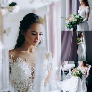 Sommerstil Sommer Eine Kleiderlinie Chiffon Hochzeit schiere Nacken Langarm Langarm Spitze applikierte Pailletten Illusion Brautkleider Ppliqued